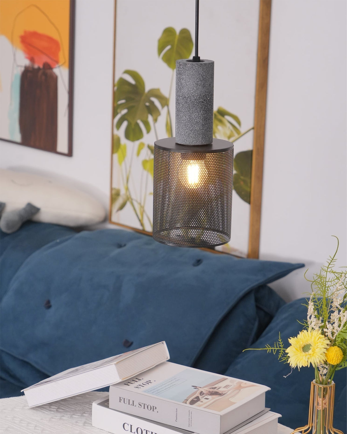 Concrete Pendant Light, Industrial Cement Ceiling Lamp, Black Grey, Kitchen