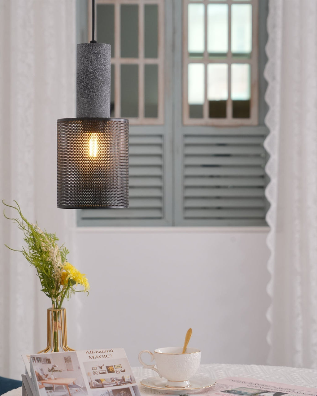 Concrete Pendant Light, Industrial Cement Ceiling Lamp, Black Grey, Kitchen