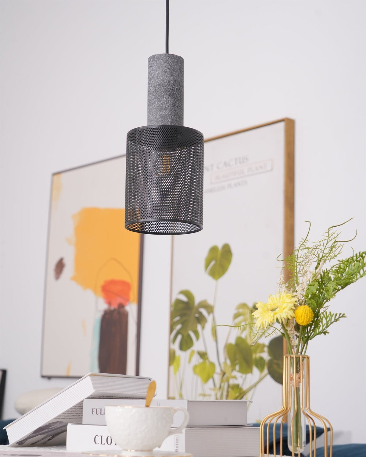 Concrete Pendant Light, Industrial Cement Ceiling Lamp, Black Grey, Kitchen
