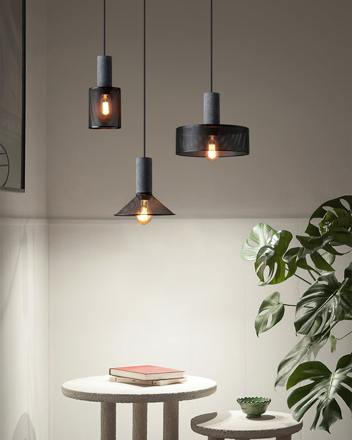 Concrete Pendant Light, Industrial Cement Ceiling Lamp, Black Grey, Kitchen
