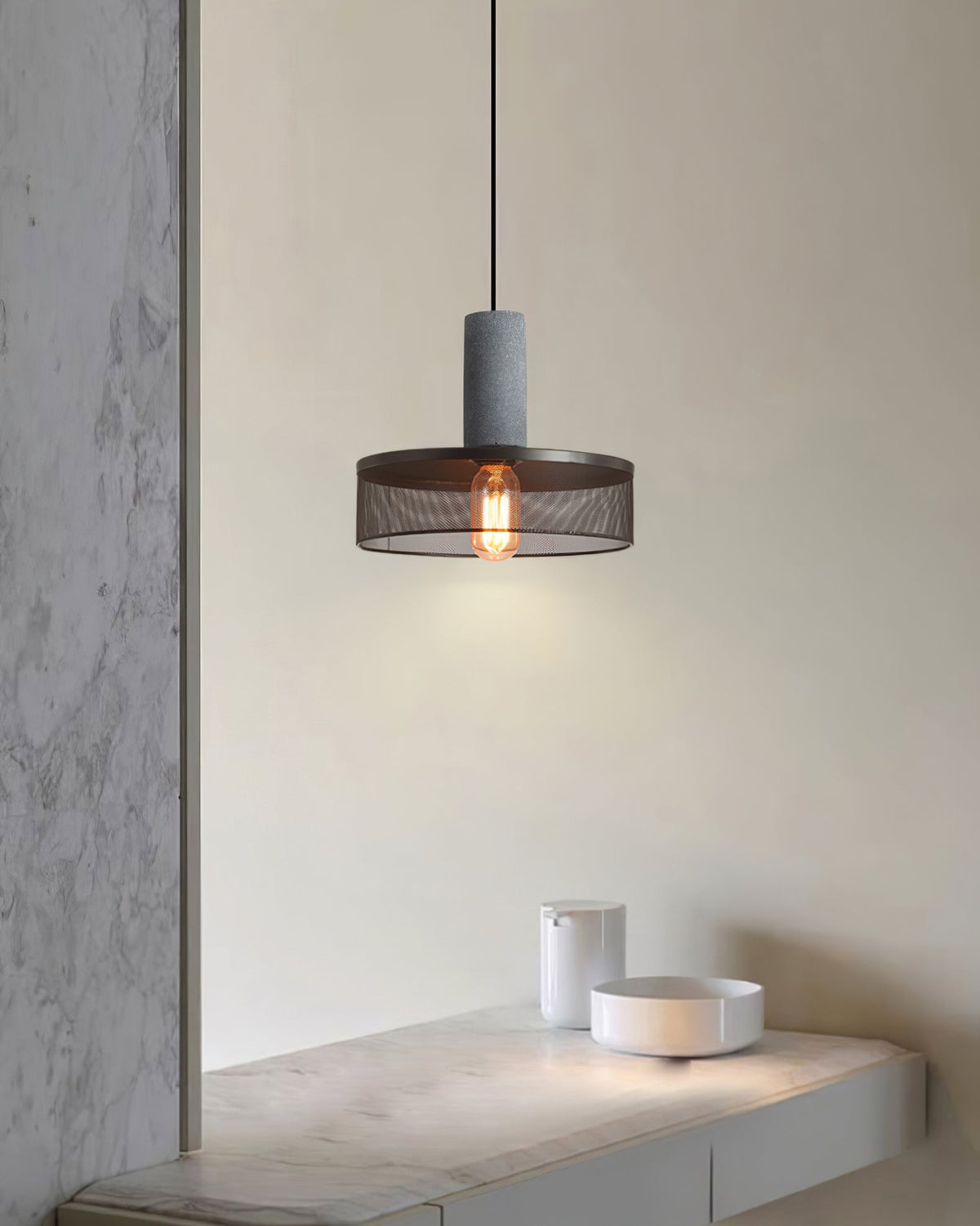 Concrete Pendant Light, Industrial Cement Ceiling Lamp, Black Grey, Kitchen
