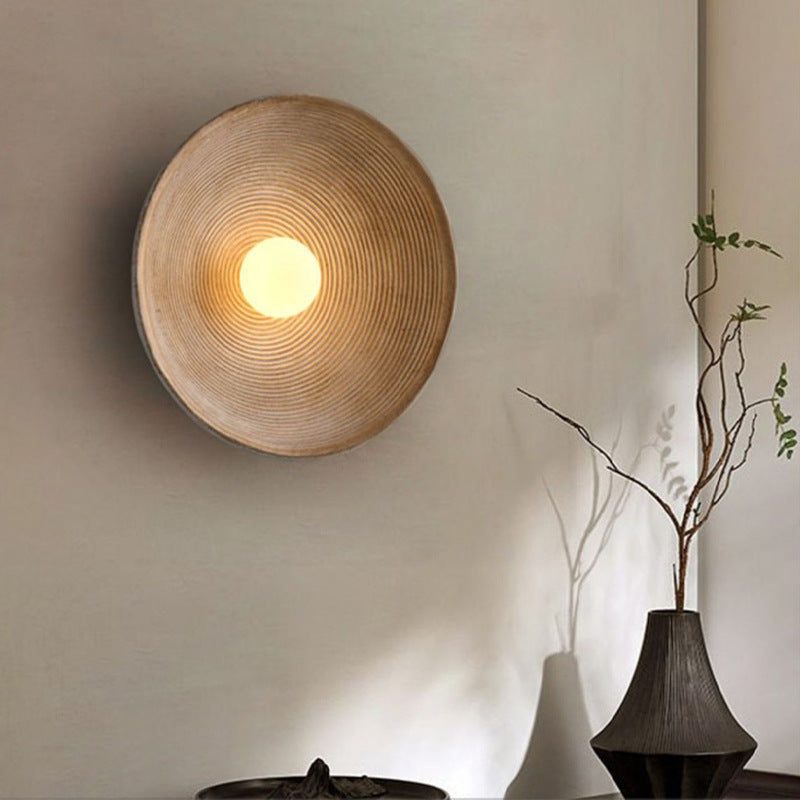 Japanese Wood Wall Sconce, Soft LED, Round Minimalist Light, Living Room