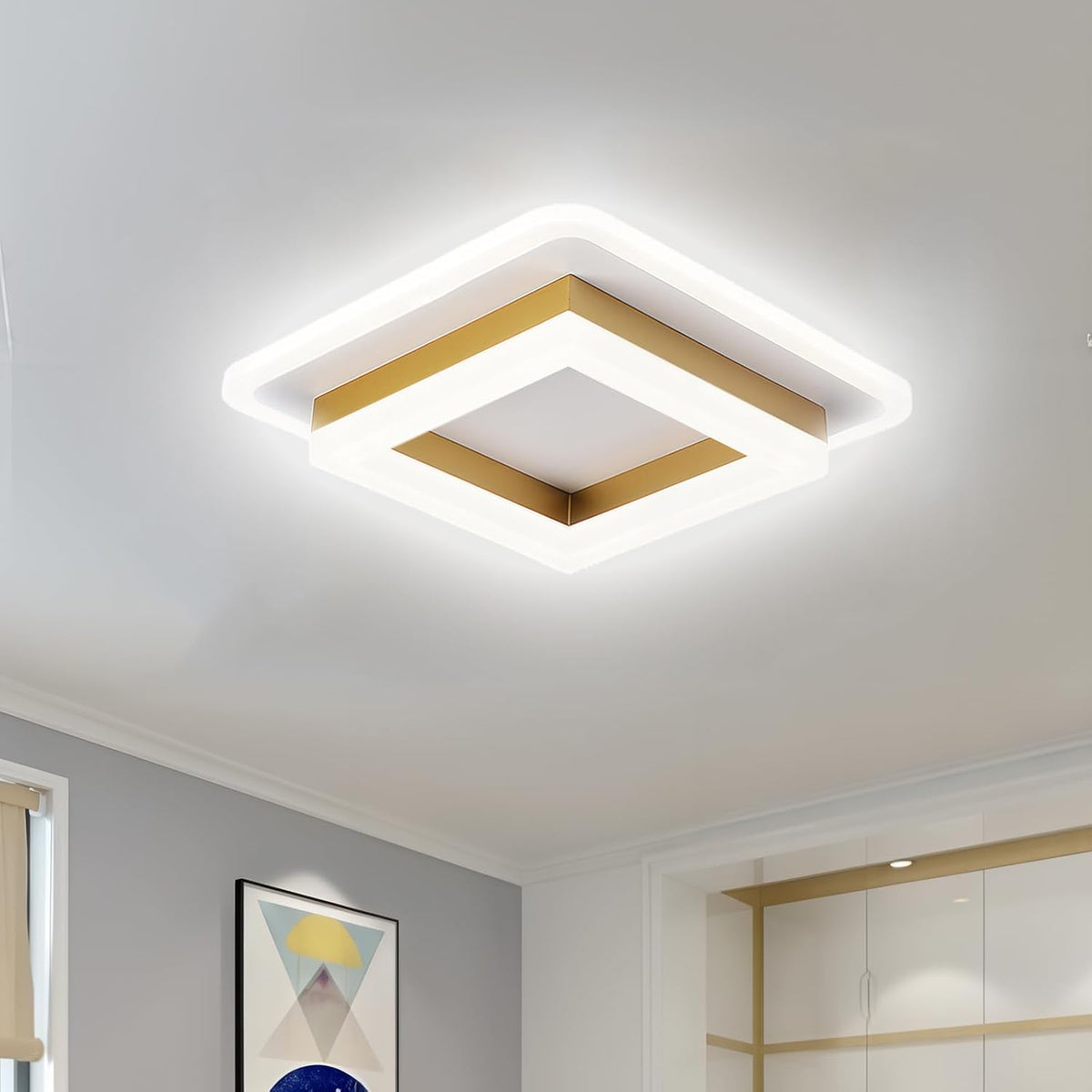 Square Flush Mount Ceiling Light, Adjustable Brightness LED, Black Gold, Modern