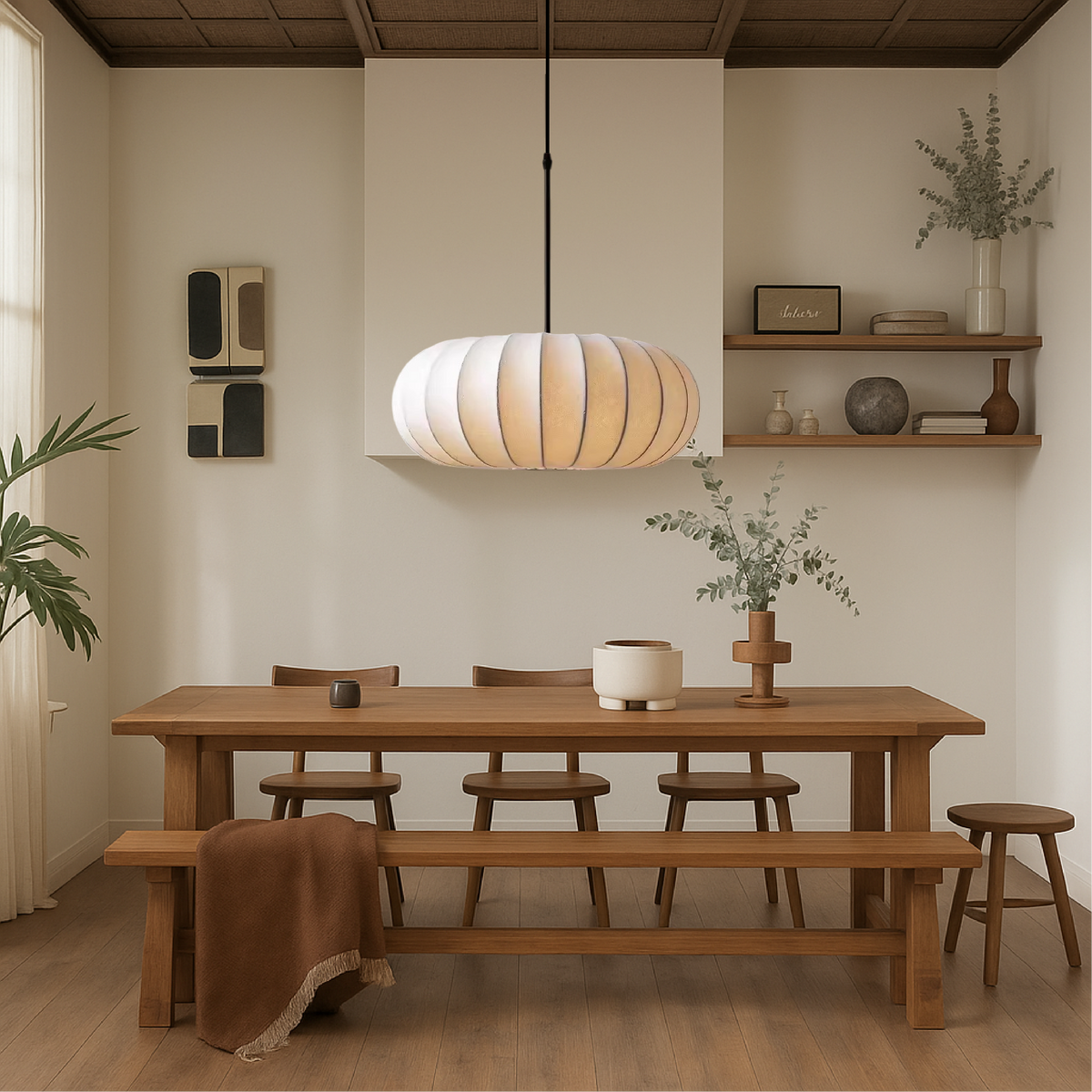Silk Pendant Light, Minimalist Drum Shade, Adjustable Height, Kitchen Dining