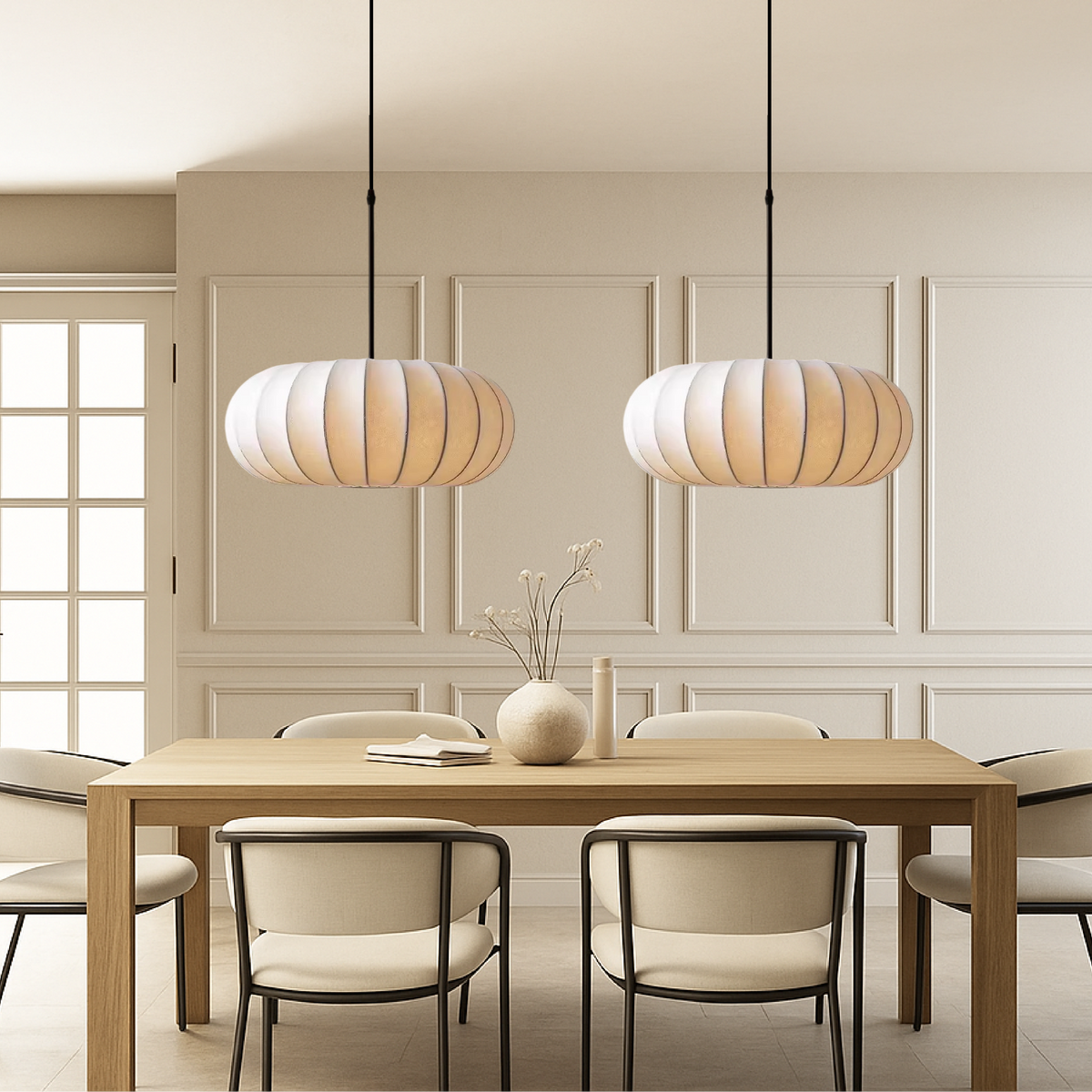 Silk Pendant Light, Minimalist Drum Shade, Adjustable Height, Kitchen Dining