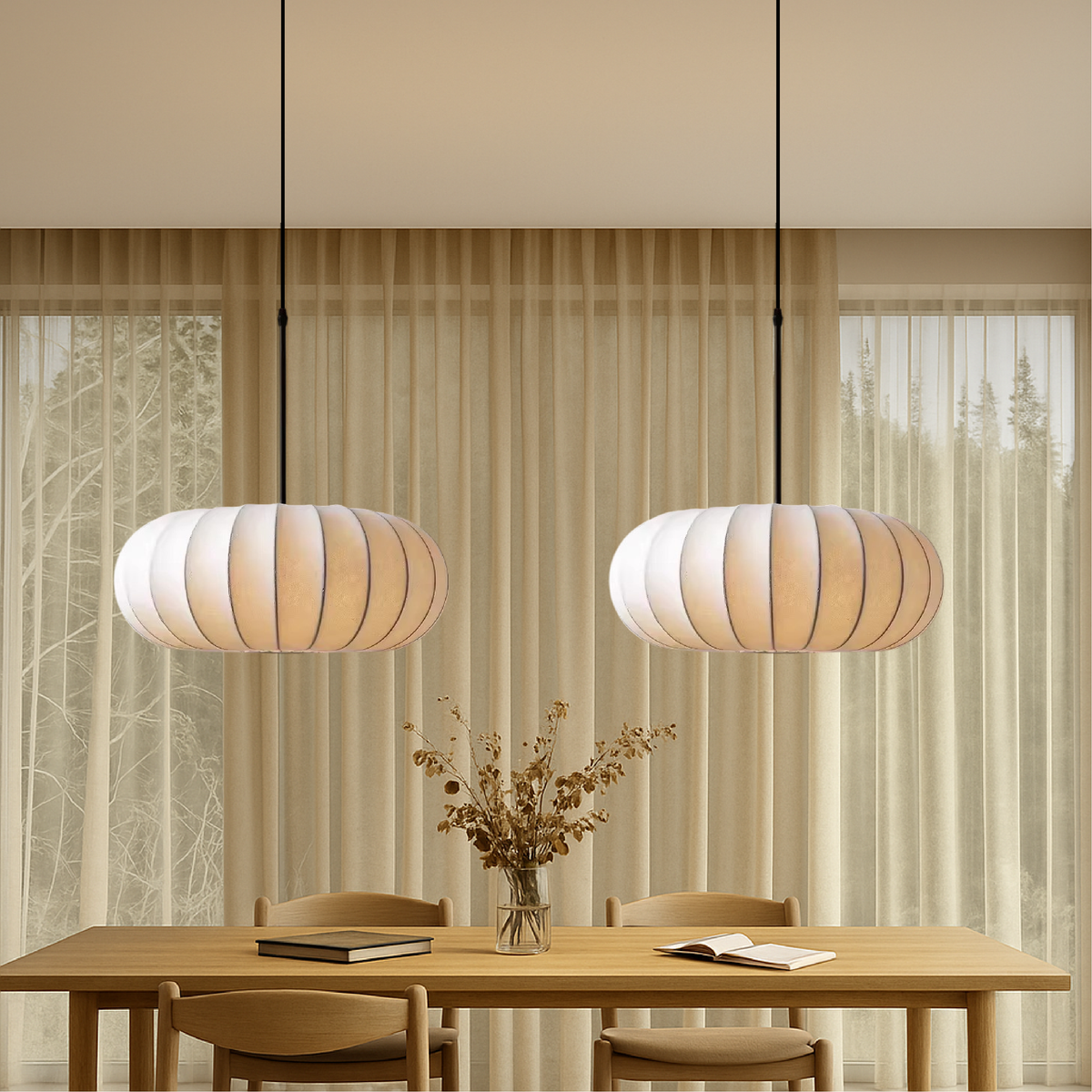 Silk Pendant Light, Minimalist Drum Shade, Adjustable Height, Kitchen Dining