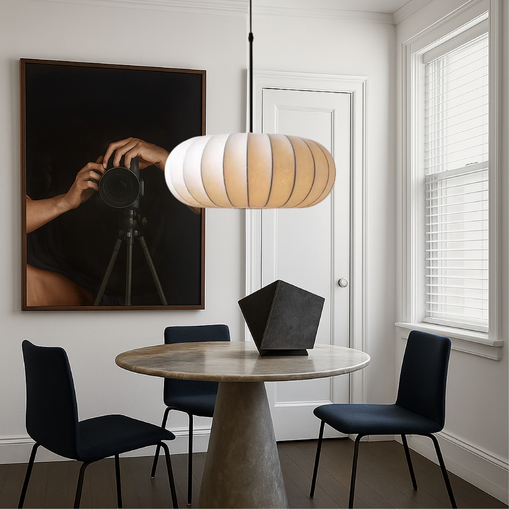 Silk Pendant Light, Minimalist Drum Shade, Adjustable Height, Kitchen Dining