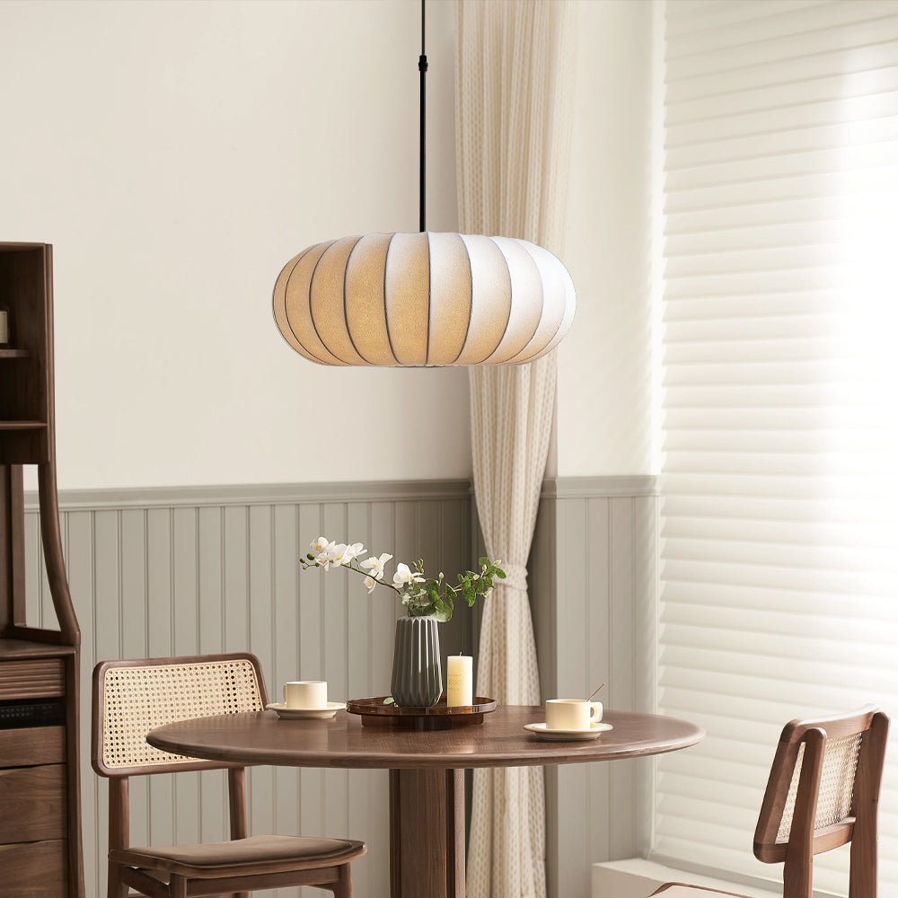 Silk Pendant Light, Minimalist Drum Shade, Adjustable Height, Kitchen Dining